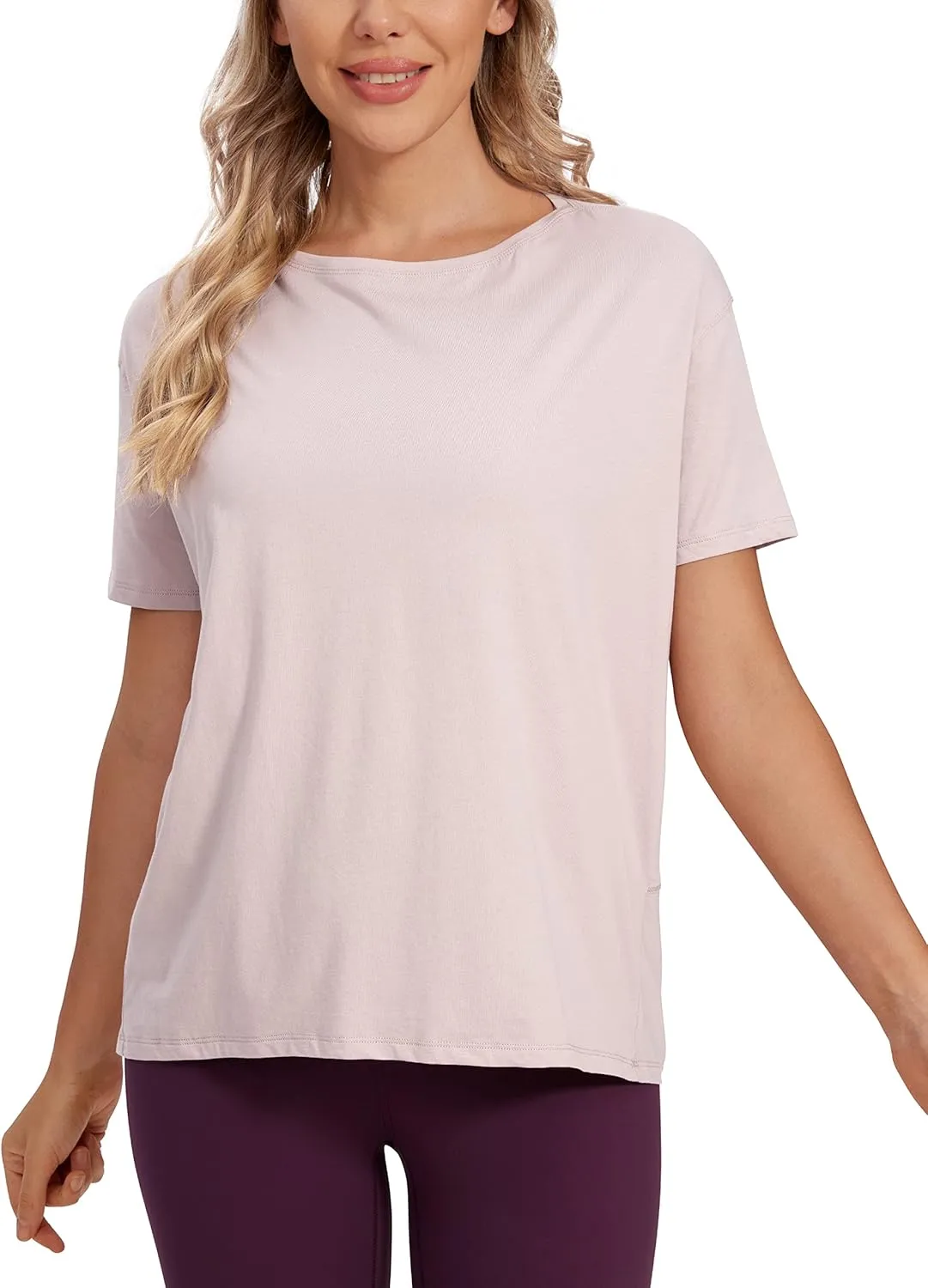 CRZ YOGA Women's Pima Cotton Short Sleeve Shirts Boat Neck Loose Fit Gym Workout T-Shirt Athletic Casual Tops