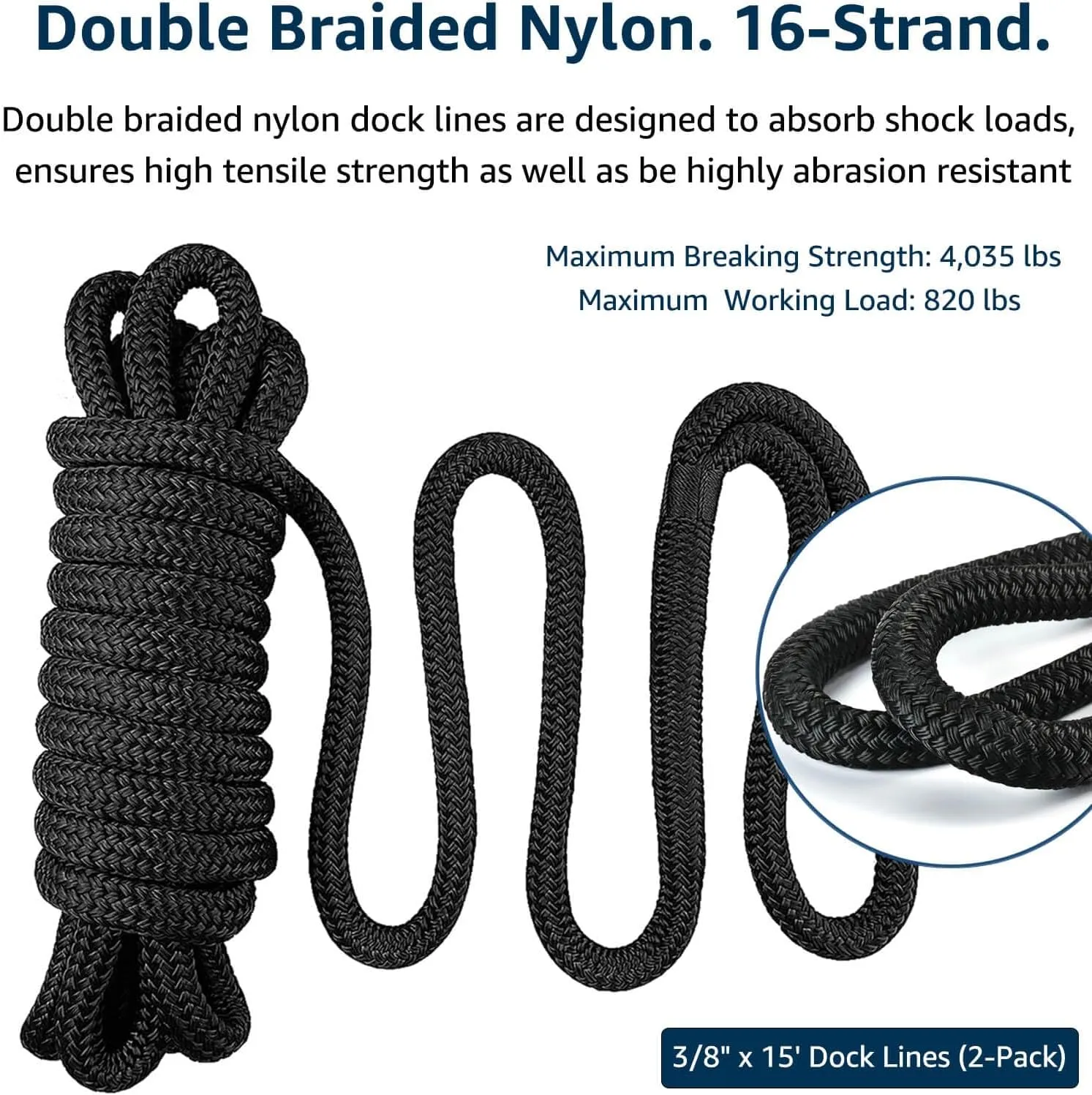 Dock Lines 2 Pack 3/8" x 15' Double Braided Nylon Boat Dock Lines with a 12" Loop - Marine Grade Dock Lines for Boats 3/8 Inch Boat Ropes for Docking, Boat Lines/Dock Ropes/Marine Rope, J-FM TWNTHSD