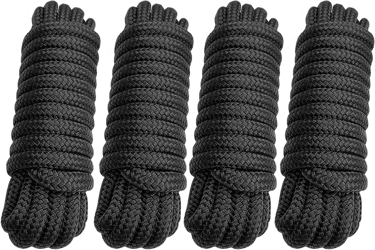 Dock Lines - 3/8" x 15' Double Braided Nylon Boat Dock Ropes with 12" Eyelet - Marine-Grade - 4 Pack (Black)