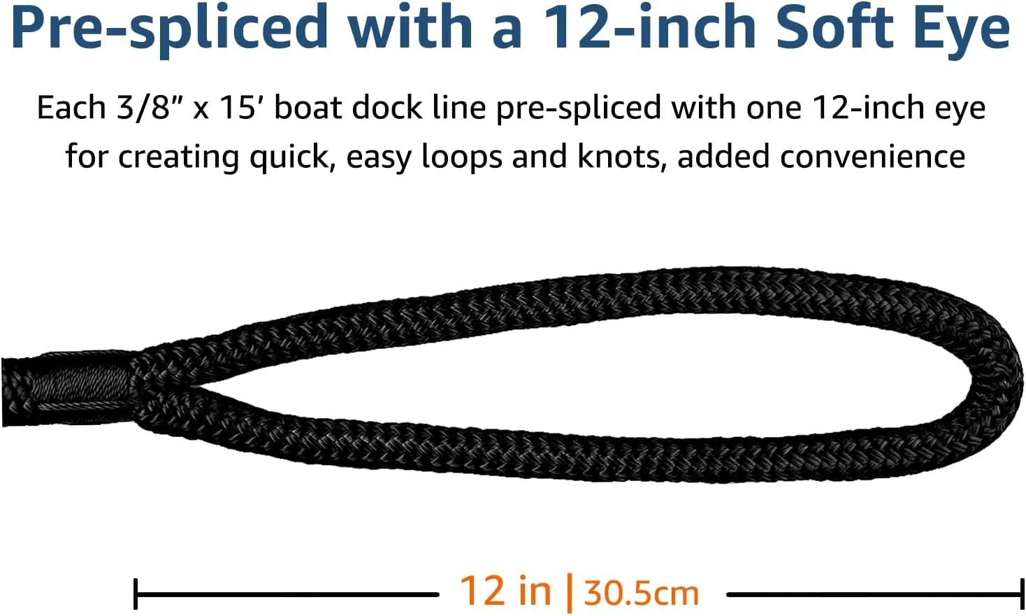 Dock Lines - 3/8" x 15' Double Braided Nylon Boat Dock Ropes with 12" Eyelet - Marine-Grade - 4 Pack (Black)