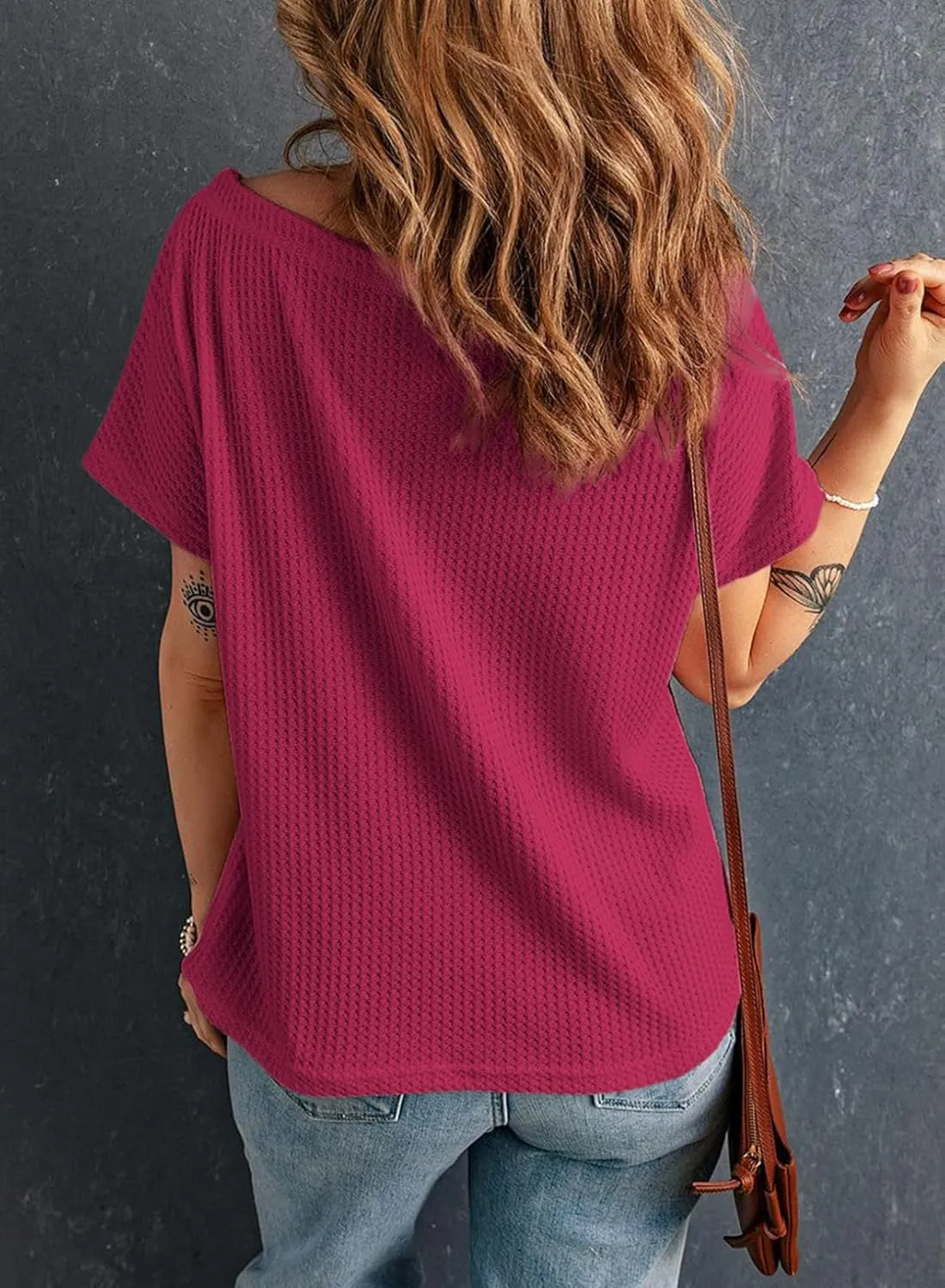 Dokotoo Women's Casual Boat Neck Short Sleeve Waffle Knit Shirts Loose Summer Tunic Tops Blouses