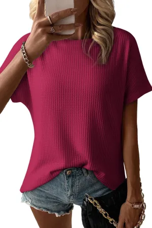 Dokotoo Women's Casual Boat Neck Short Sleeve Waffle Knit Shirts Loose Summer Tunic Tops Blouses