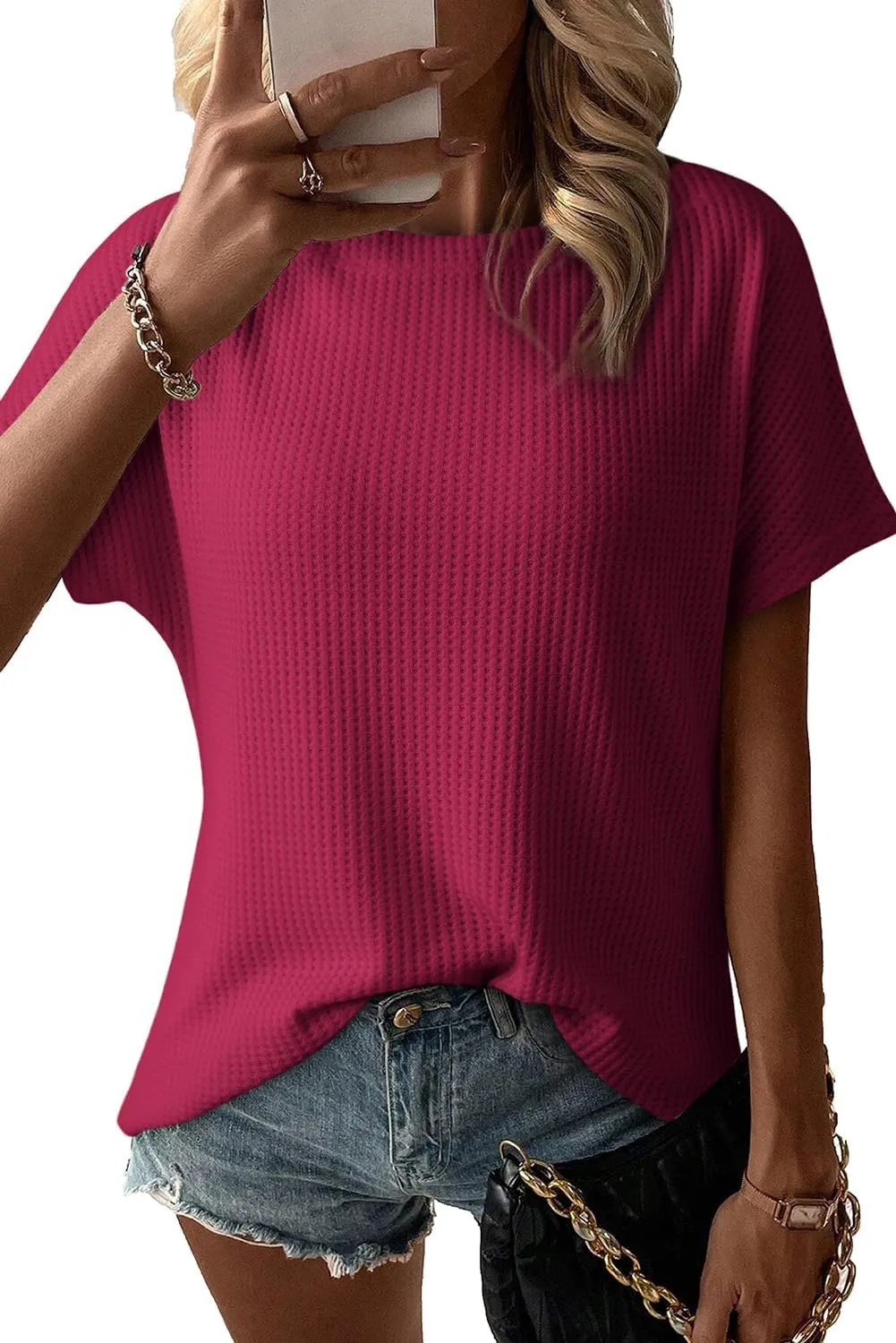 Dokotoo Women's Casual Boat Neck Short Sleeve Waffle Knit Shirts Loose Summer Tunic Tops Blouses