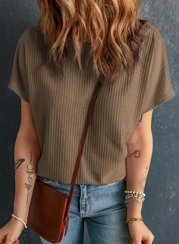 Dokotoo Women's Casual Boat Neck Short Sleeve Waffle Knit Shirts Loose Summer Tunic Tops Blouses