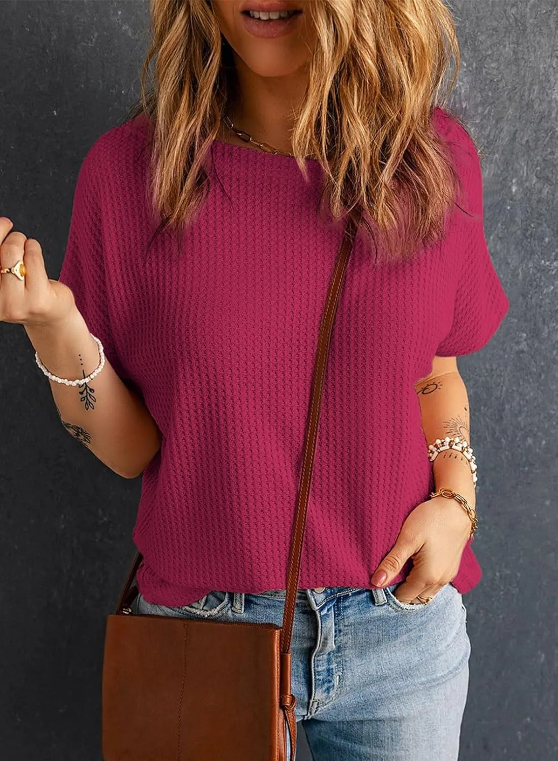 Dokotoo Women's Casual Boat Neck Short Sleeve Waffle Knit Shirts Loose Summer Tunic Tops Blouses