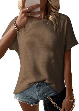 Dokotoo Women's Casual Boat Neck Short Sleeve Waffle Knit Shirts Loose Summer Tunic Tops Blouses