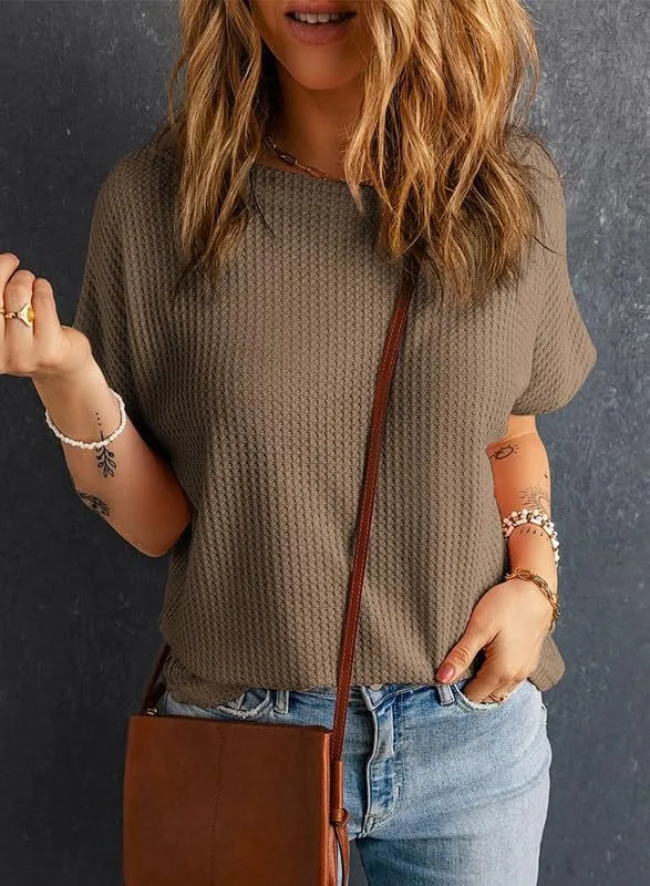Dokotoo Women's Casual Boat Neck Short Sleeve Waffle Knit Shirts Loose Summer Tunic Tops Blouses