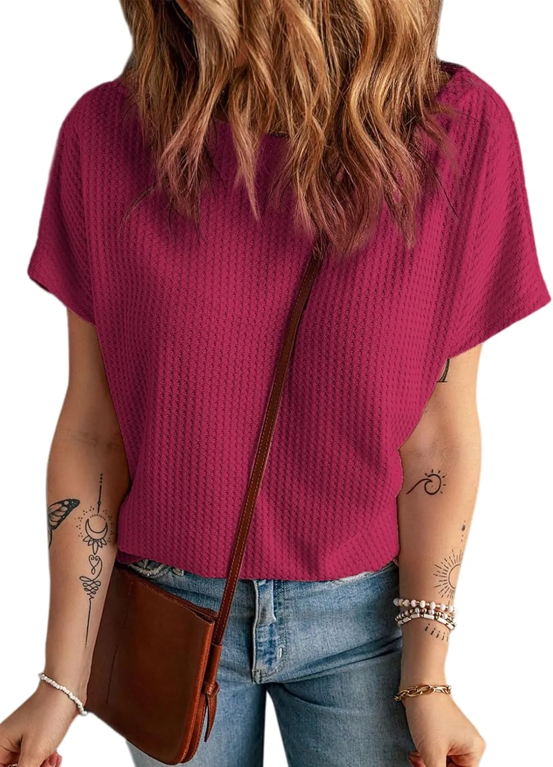 Dokotoo Women's Casual Boat Neck Short Sleeve Waffle Knit Shirts Loose Summer Tunic Tops Blouses