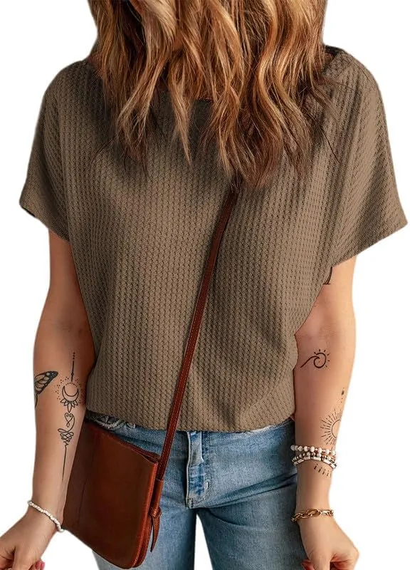 Dokotoo Women's Casual Boat Neck Short Sleeve Waffle Knit Shirts Loose Summer Tunic Tops Blouses