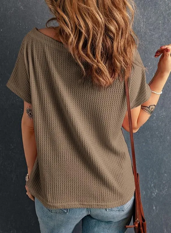 Dokotoo Women's Casual Boat Neck Short Sleeve Waffle Knit Shirts Loose Summer Tunic Tops Blouses