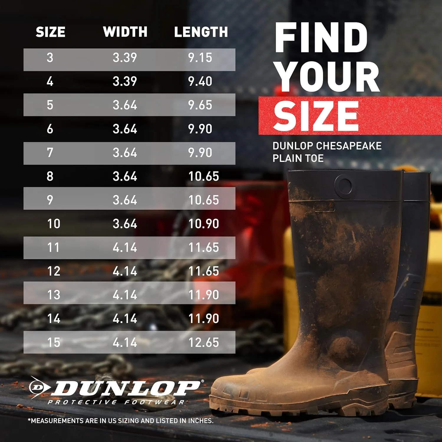 DUNLOP Protective Footwear, Chesapeake Plain Toe, 100% Waterproof, Lightweight and Durable PVC Boots, Slip Resistant, 8677577.04, Size 4 US, Black