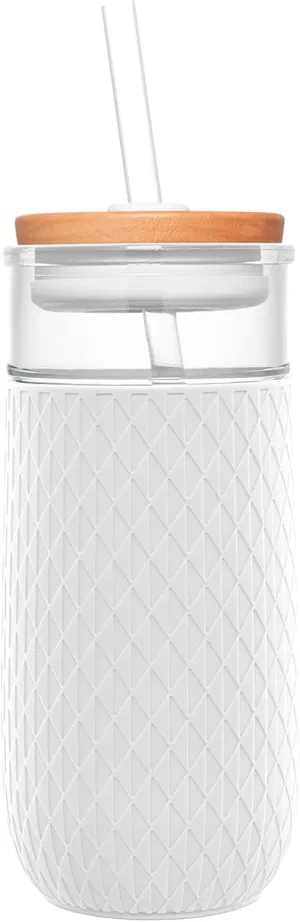 Ello Devon 18oz Glass Tumbler with Straw, Friction Fit Bamboo Wood Lid and Silicone Sleeve | Perfect for Iced Coffee, Tea, Matcha and Smoothies
