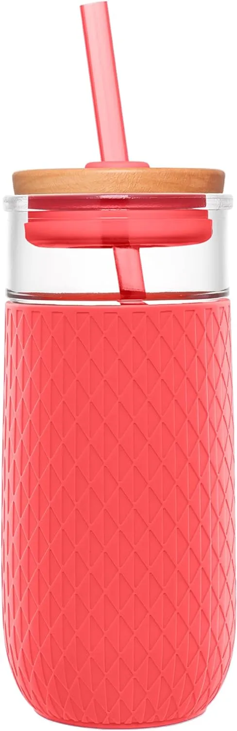 Ello Devon 18oz Glass Tumbler with Straw, Friction Fit Bamboo Wood Lid and Silicone Sleeve | Perfect for Iced Coffee, Tea, Matcha and Smoothies