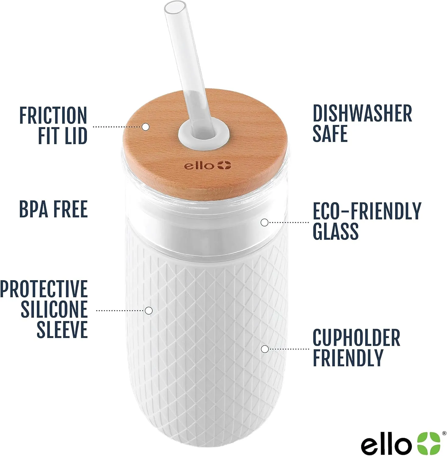 Ello Devon 18oz Glass Tumbler with Straw, Friction Fit Bamboo Wood Lid and Silicone Sleeve | Perfect for Iced Coffee, Tea, Matcha and Smoothies