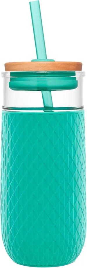 Ello Devon 18oz Glass Tumbler with Straw, Friction Fit Bamboo Wood Lid and Silicone Sleeve | Perfect for Iced Coffee, Tea, Matcha and Smoothies
