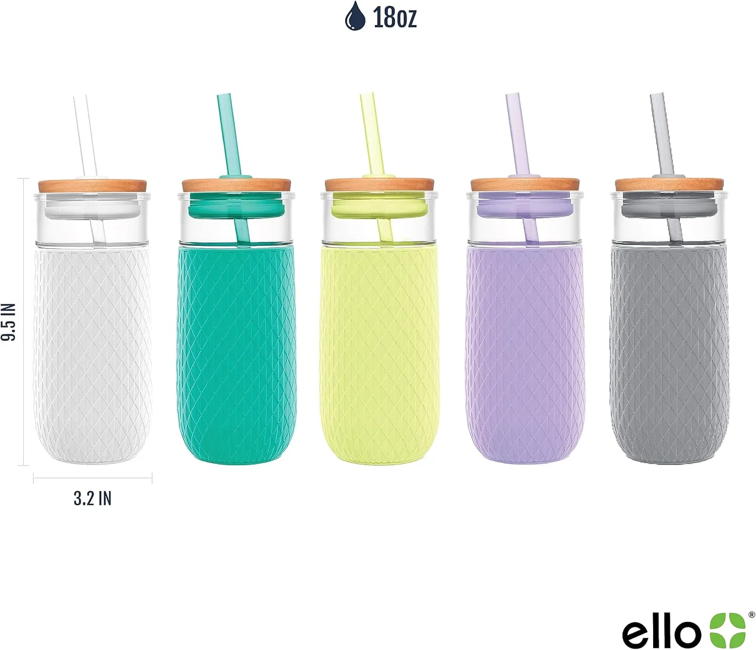 Ello Devon 18oz Glass Tumbler with Straw, Friction Fit Bamboo Wood Lid and Silicone Sleeve | Perfect for Iced Coffee, Tea, Matcha and Smoothies