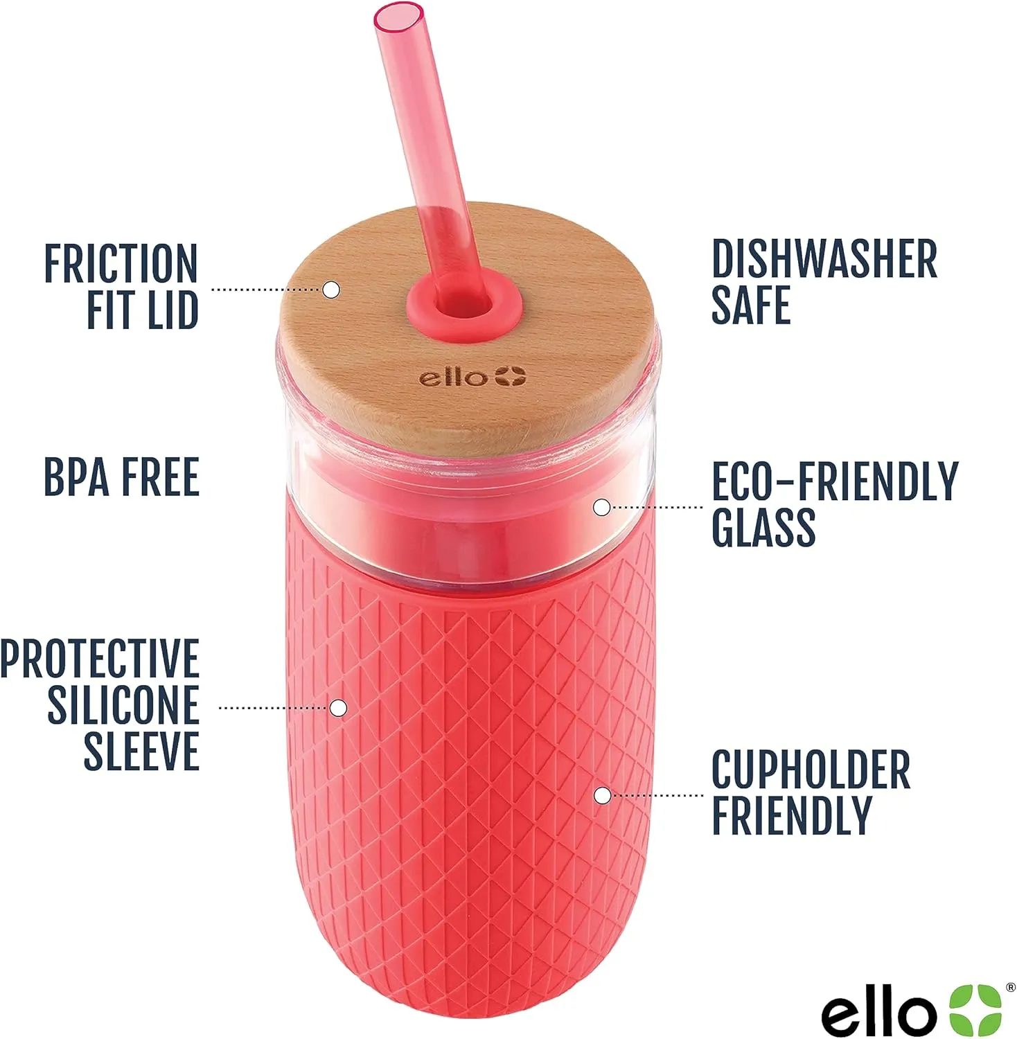 Ello Devon 18oz Glass Tumbler with Straw, Friction Fit Bamboo Wood Lid and Silicone Sleeve | Perfect for Iced Coffee, Tea, Matcha and Smoothies