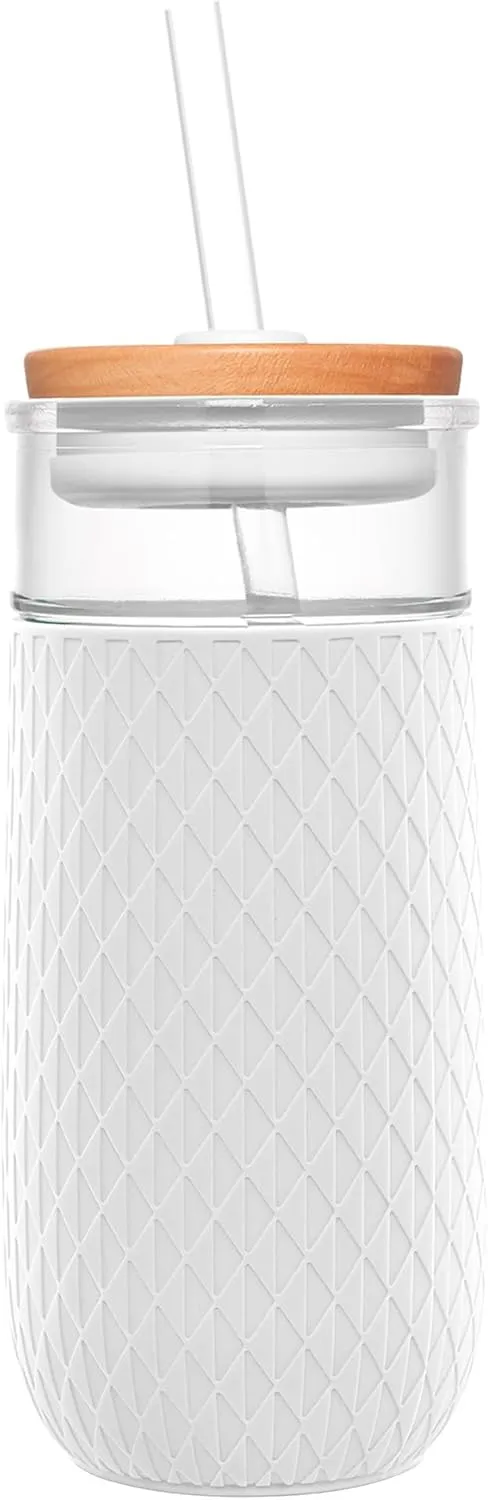 Ello Devon 18oz Glass Tumbler with Straw, Friction Fit Bamboo Wood Lid and Silicone Sleeve | Perfect for Iced Coffee, Tea, Matcha and Smoothies