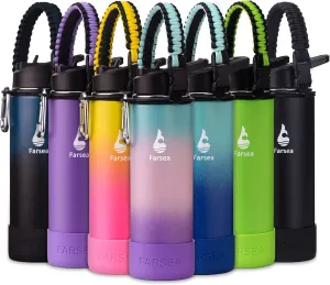 Farsea Insulated Water Bottle With Paracord Handle, Protective Boot and 2 Lids (Straw Lid & Spout Lid), Stainless Steel Water Bottle Wide Mouth, Double Wall Sweat-Proof BPA-Free, 24 oz