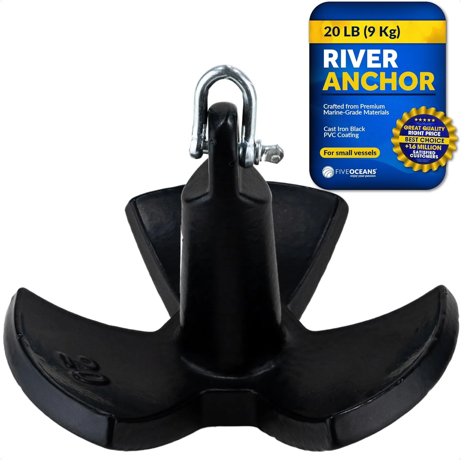 Five Oceans River Boat Anchor & Boat Anchor Kit, Black PVC Vinyl Coated, Multiple Sizes for Paddle Board, Small Boat, Kayak, Jet Ski, Canoe