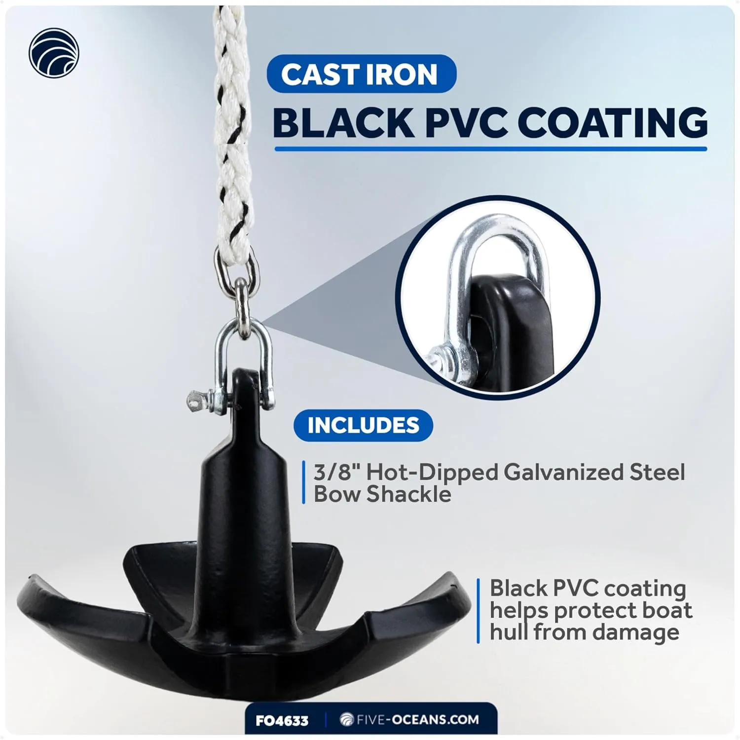Five Oceans River Boat Anchor & Boat Anchor Kit, Black PVC Vinyl Coated, Multiple Sizes for Paddle Board, Small Boat, Kayak, Jet Ski, Canoe