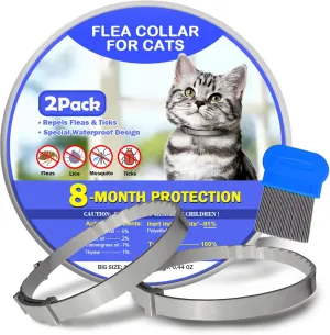 Flea and Tick Collar for Cats, 8 Months of Cat Flea Collar Protection 2 Collars Made with Premium Plant Based Essential Oil Waterproof and Natural Treatment Prevention Free Comb, 2Pack