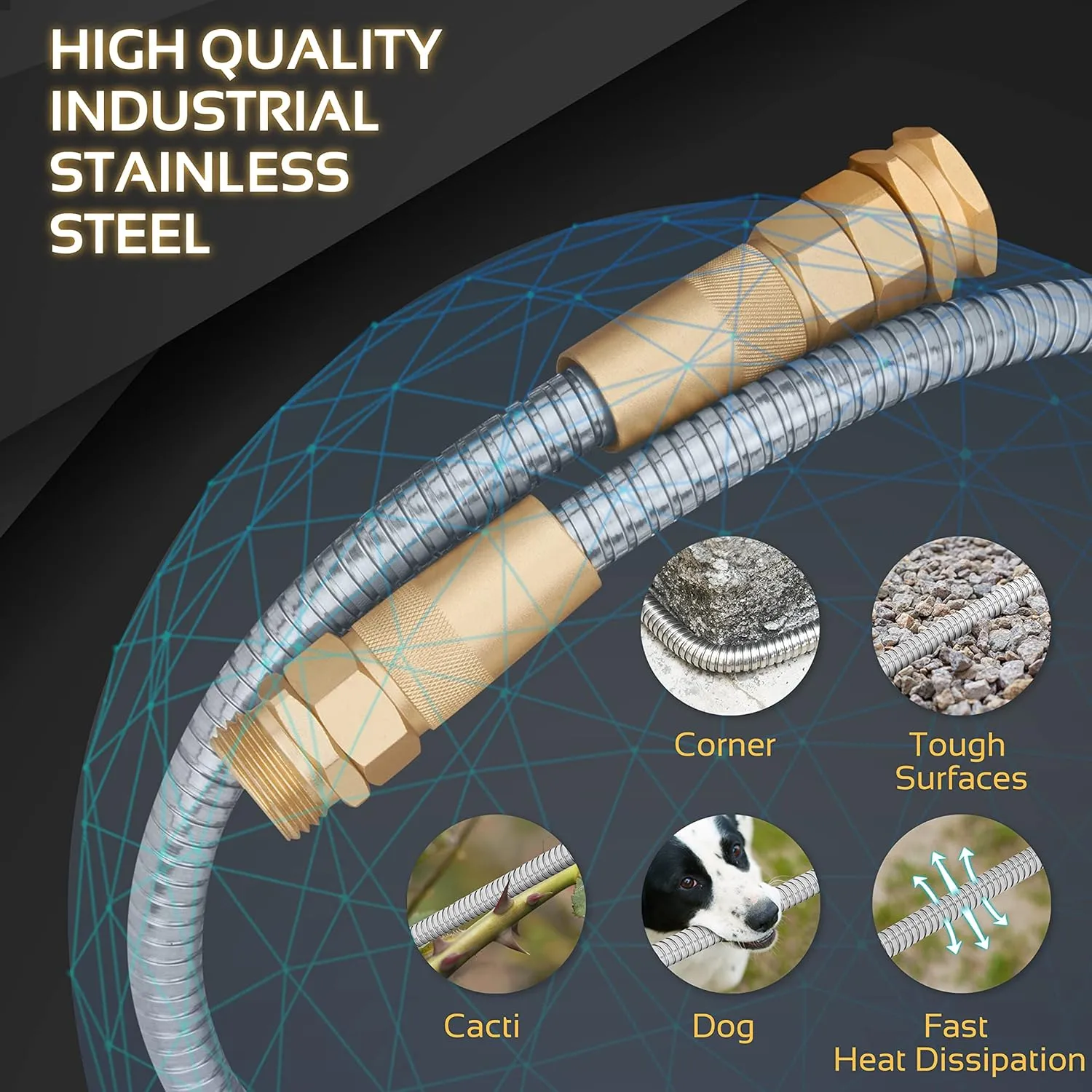 Garden Hose Metal - 50ft Heavy Duty Stainless Steel Water Hose with 8 Function Sprayer & Metal Fittings, Flexible, Lightweight, No Kink, Puncture Proof Hose for Yard, Outdoors, Rv