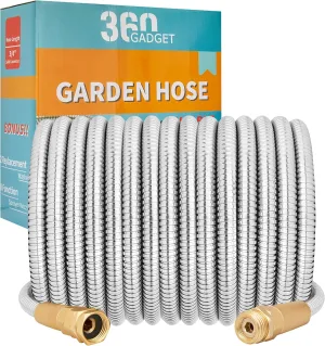 Garden Hose Metal - 50ft Heavy Duty Stainless Steel Water Hose with 8 Function Sprayer & Metal Fittings, Flexible, Lightweight, No Kink, Puncture Proof Hose for Yard, Outdoors, Rv