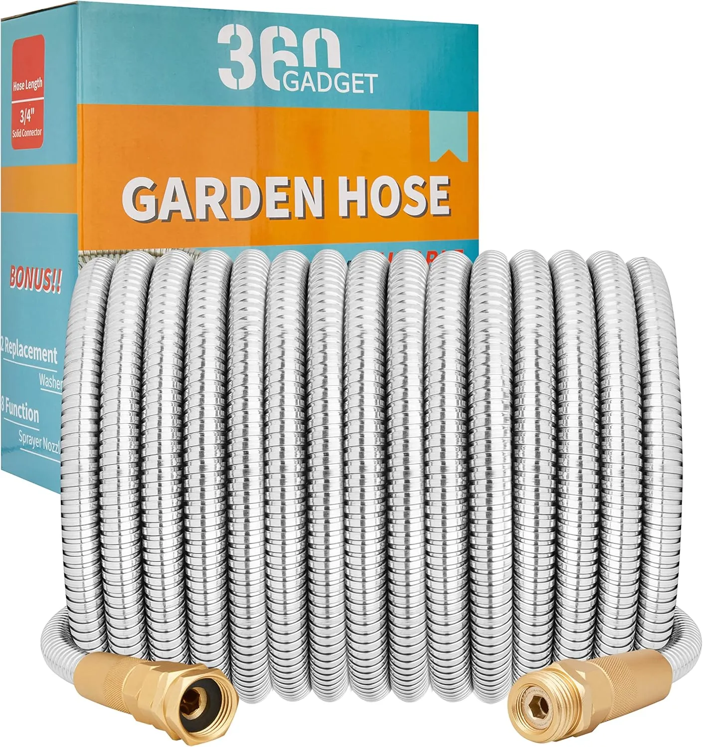 Garden Hose Metal - 50ft Heavy Duty Stainless Steel Water Hose with 8 Function Sprayer & Metal Fittings, Flexible, Lightweight, No Kink, Puncture Proof Hose for Yard, Outdoors, Rv