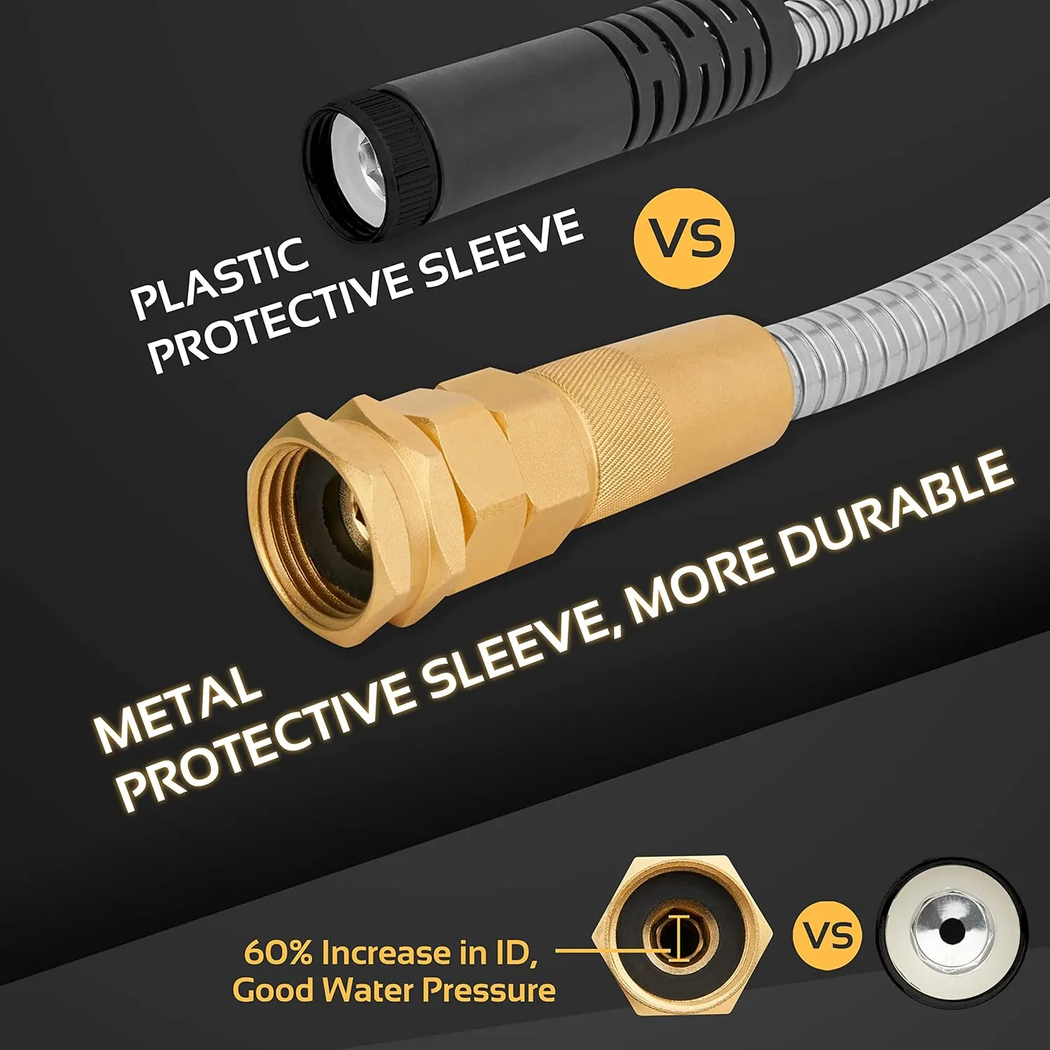 Garden Hose Metal - 50ft Heavy Duty Stainless Steel Water Hose with 8 Function Sprayer & Metal Fittings, Flexible, Lightweight, No Kink, Puncture Proof Hose for Yard, Outdoors, Rv