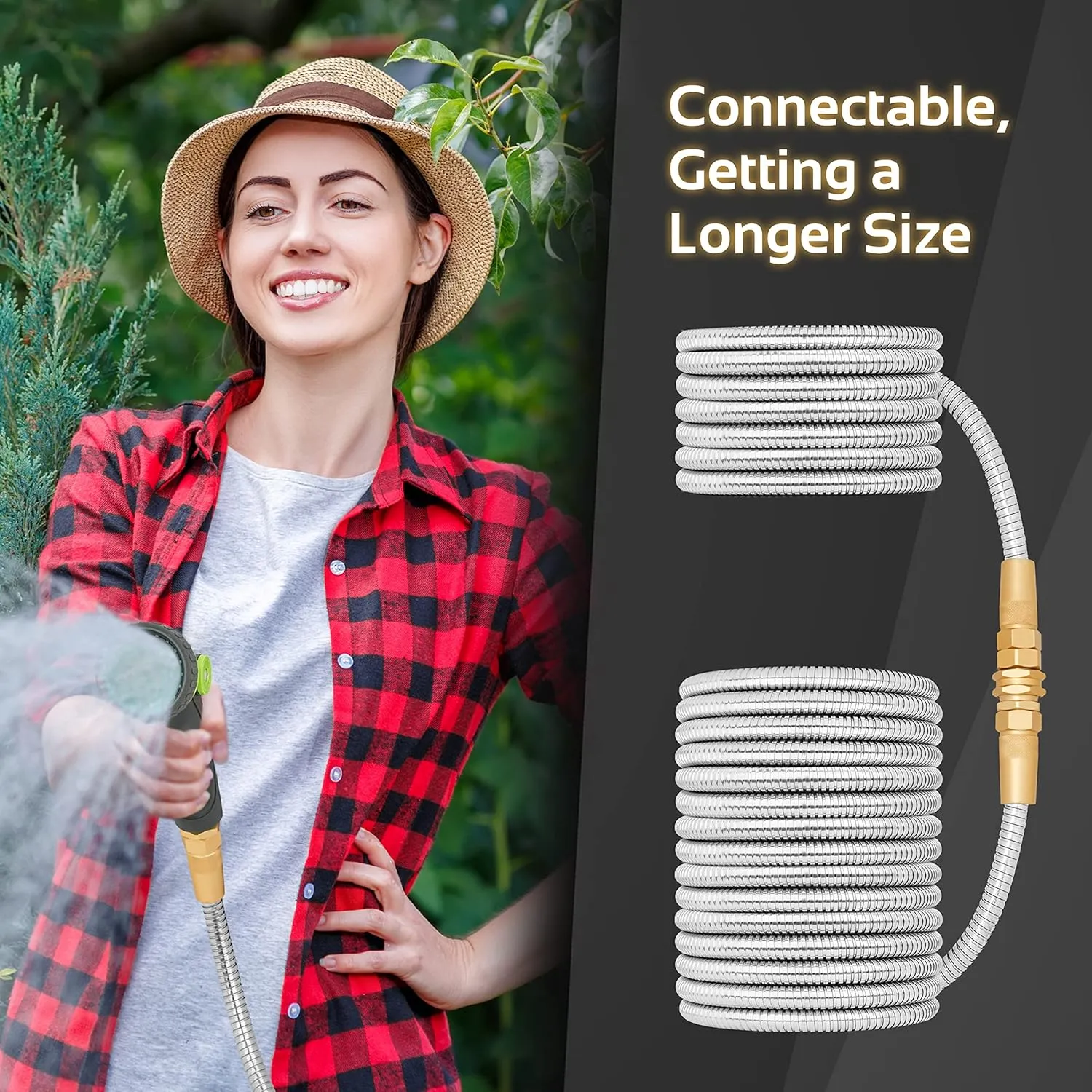 Garden Hose Metal - 50ft Heavy Duty Stainless Steel Water Hose with 8 Function Sprayer & Metal Fittings, Flexible, Lightweight, No Kink, Puncture Proof Hose for Yard, Outdoors, Rv