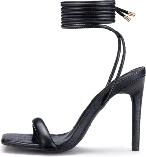 GENSHUO Strappy Lace up Stilletos High Heel Sandals Women Open Square toe Tie up Heels Sexy Wedding Dressy Shoes