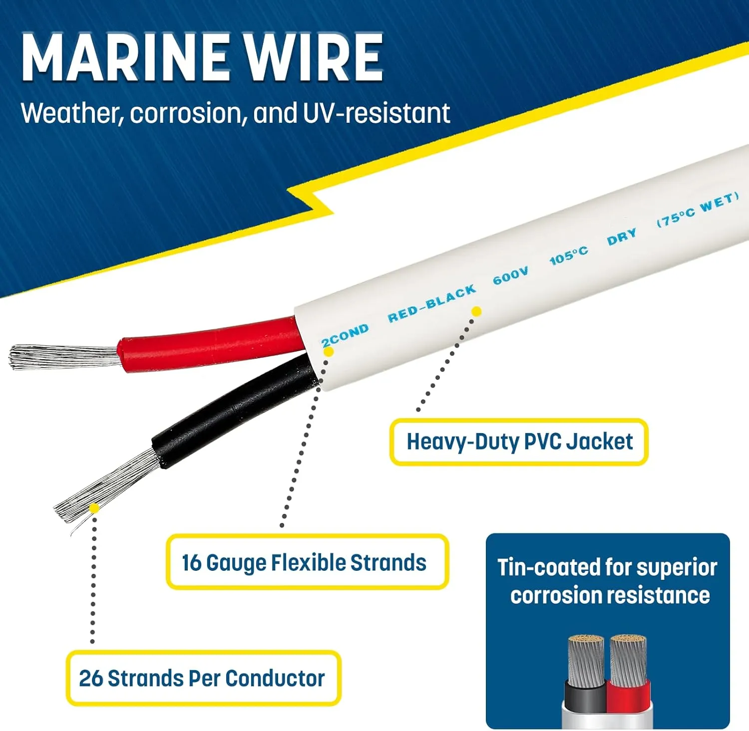 GS Power 16 Ga (True American Wire Gauge) AWG Tinned OFC Copper Duplex 16/2 Dual Conductor Red Black Sheathed Cable for Automotive Marine Boat Wiring - 50 FT (Also in 100 & 200 Feet Roll)
