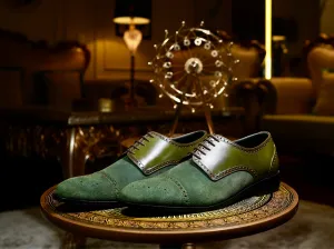 HAC's Plush Lace up: Two-Tone Green Suede & Leather Oxford Shoes