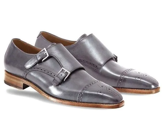Handmade Gray Leather Oxford Brogue Toe Cap Double Buckle Monk Strap shoes
