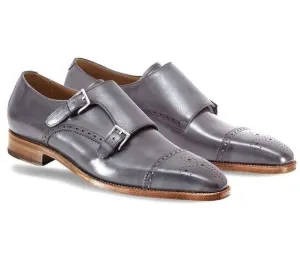 Handmade Gray Leather Oxford Brogue Toe Cap Double Buckle Monk Strap shoes
