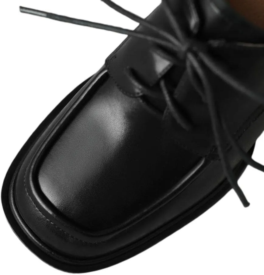 Handmade Women's Genuine Leather Square Toe Mid Block Heel Oxford Shoes