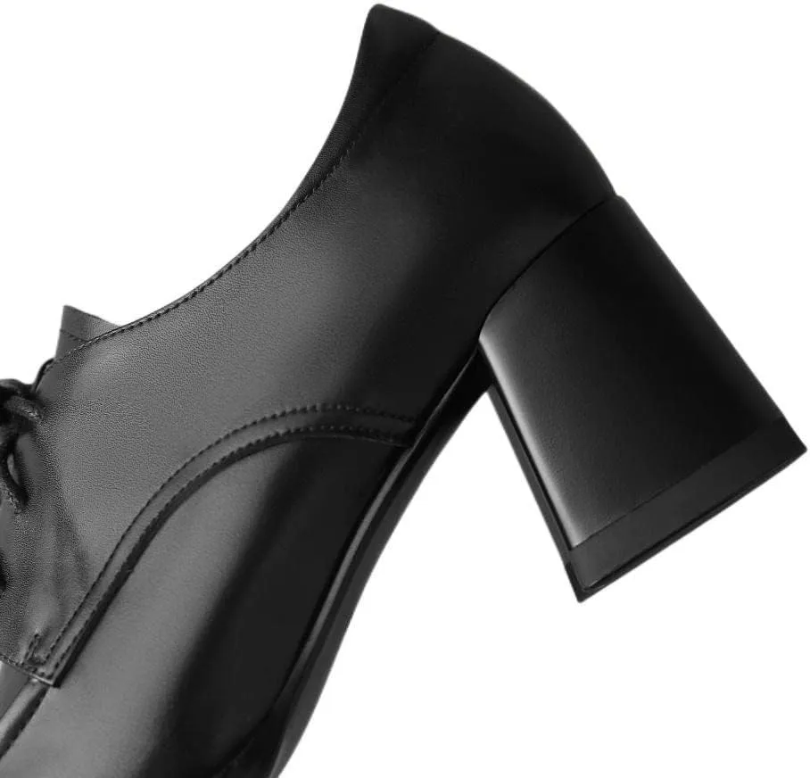 Handmade Women's Genuine Leather Square Toe Mid Block Heel Oxford Shoes