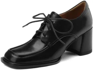 Handmade Women's Genuine Leather Square Toe Mid Block Heel Oxford Shoes