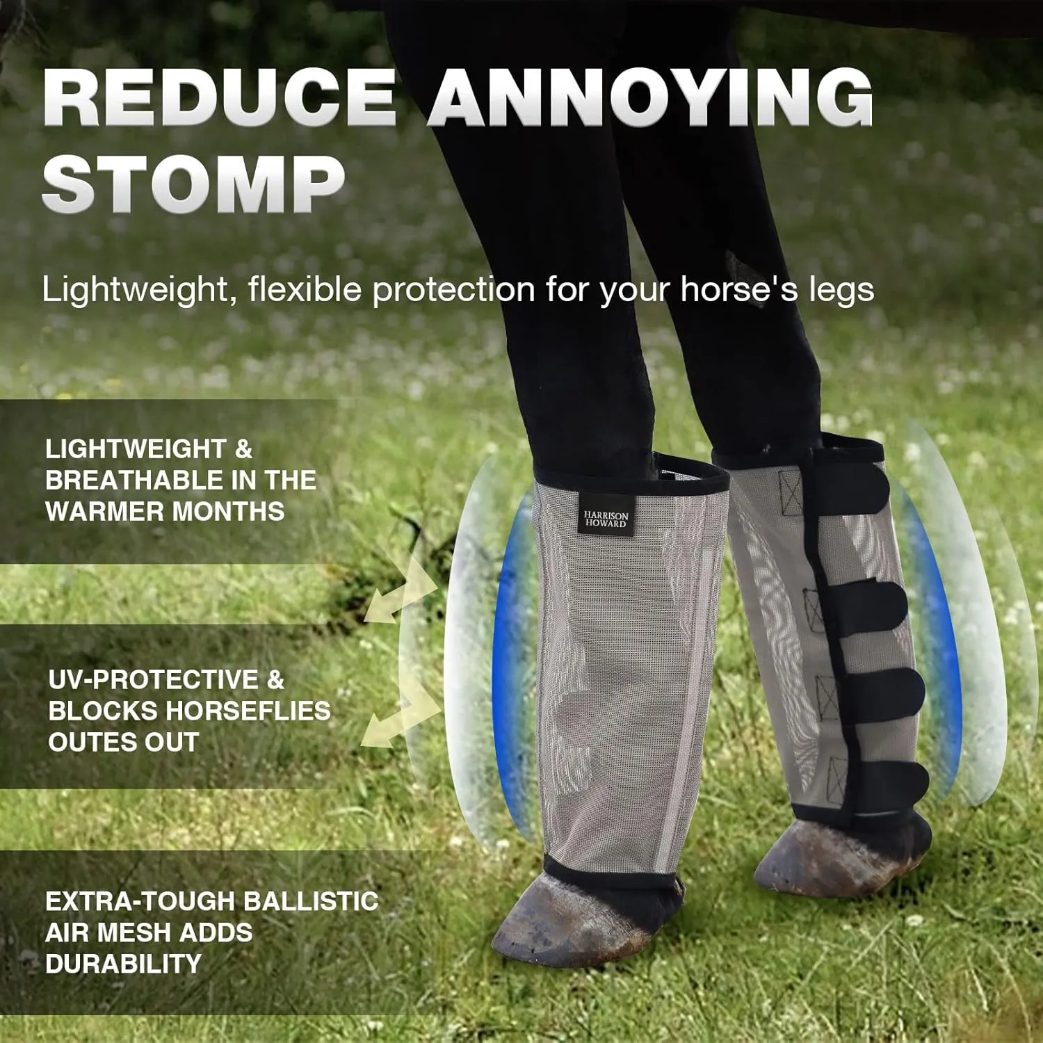 Harrison Howard Loose Fitting Fly Boots UV-Protective Extra Tough Mesh Ventilated Four Fasteners Stay-on Design Protect Horse Legs & Stomp-Reducing Set of 4 Original Grey Medium