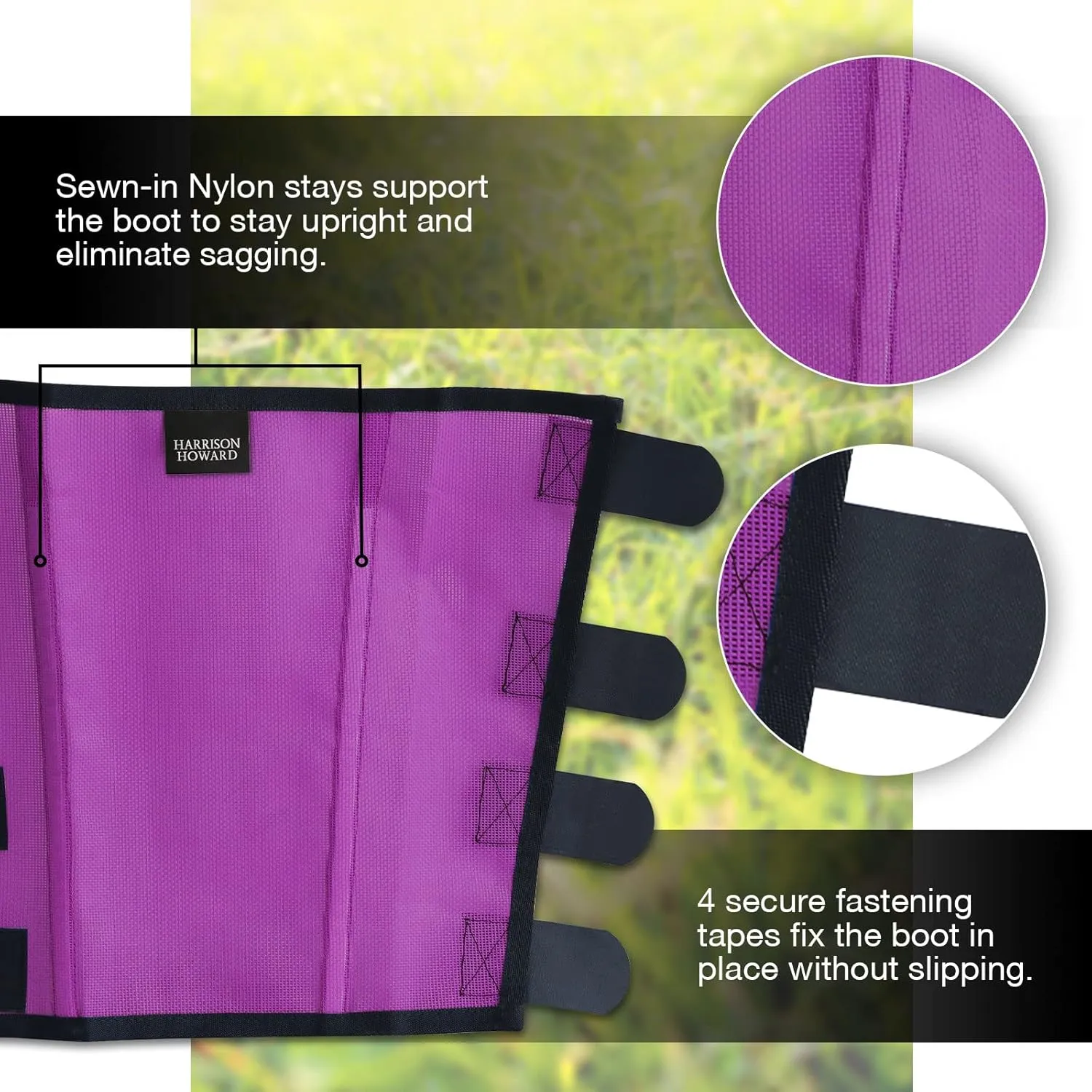 Harrison Howard Loose Fitting Fly Boots UV-Protective Extra Tough Mesh Ventilated Four Fasteners Stay-on Design Protect Horse Legs & Stomp-Reducing Set of 4 Purple Large