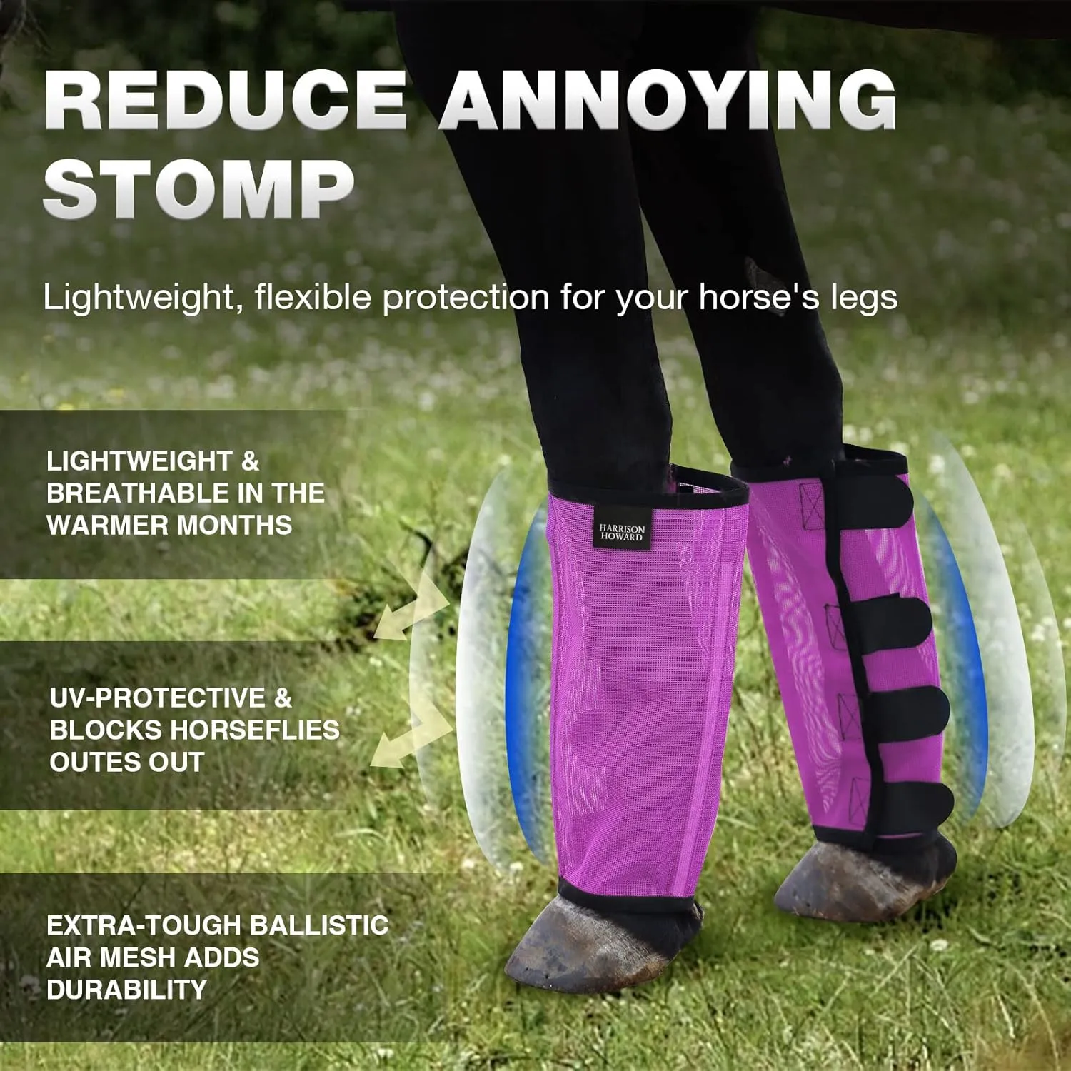 Harrison Howard Loose Fitting Fly Boots UV-Protective Extra Tough Mesh Ventilated Four Fasteners Stay-on Design Protect Horse Legs & Stomp-Reducing Set of 4 Purple Large