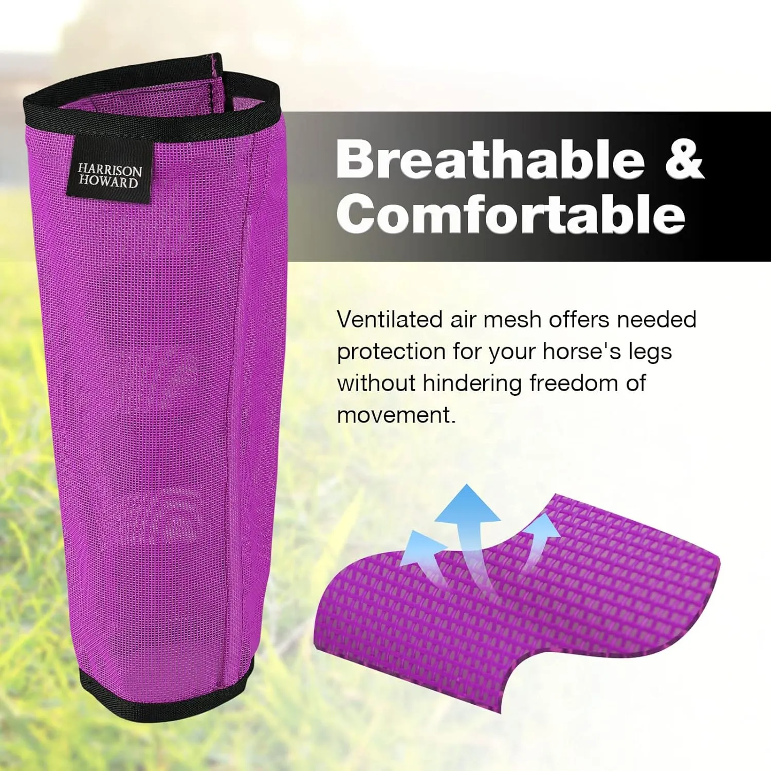 Harrison Howard Loose Fitting Fly Boots UV-Protective Extra Tough Mesh Ventilated Four Fasteners Stay-on Design Protect Horse Legs & Stomp-Reducing Set of 4 Purple Large