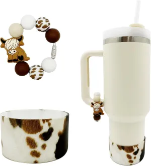 Highland Cow Silicone Boot Tumbler Handle Decor Cow Print Water Bottle Accessories for 30oz&40oz Stanley Protective Bottom Cover Sleeve