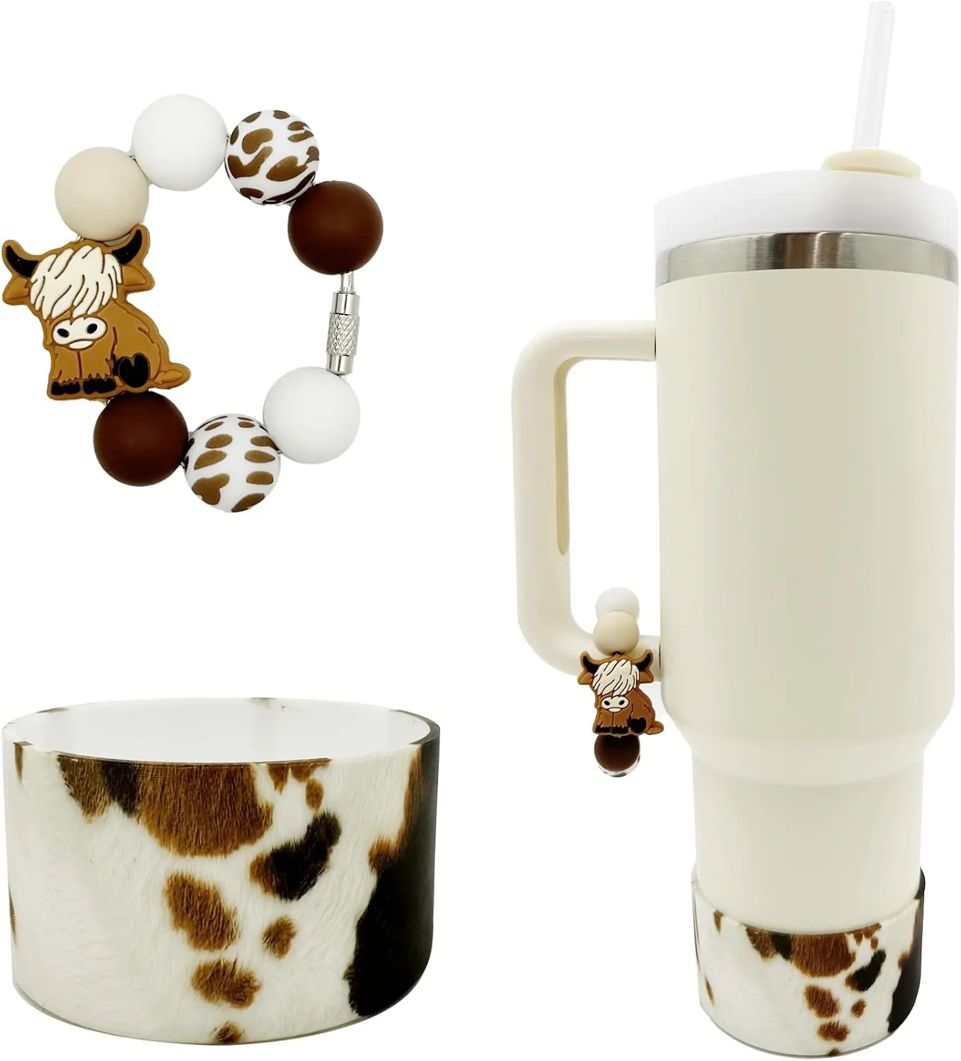 Highland Cow Silicone Boot Tumbler Handle Decor Cow Print Water Bottle Accessories for 30oz&40oz Stanley Protective Bottom Cover Sleeve