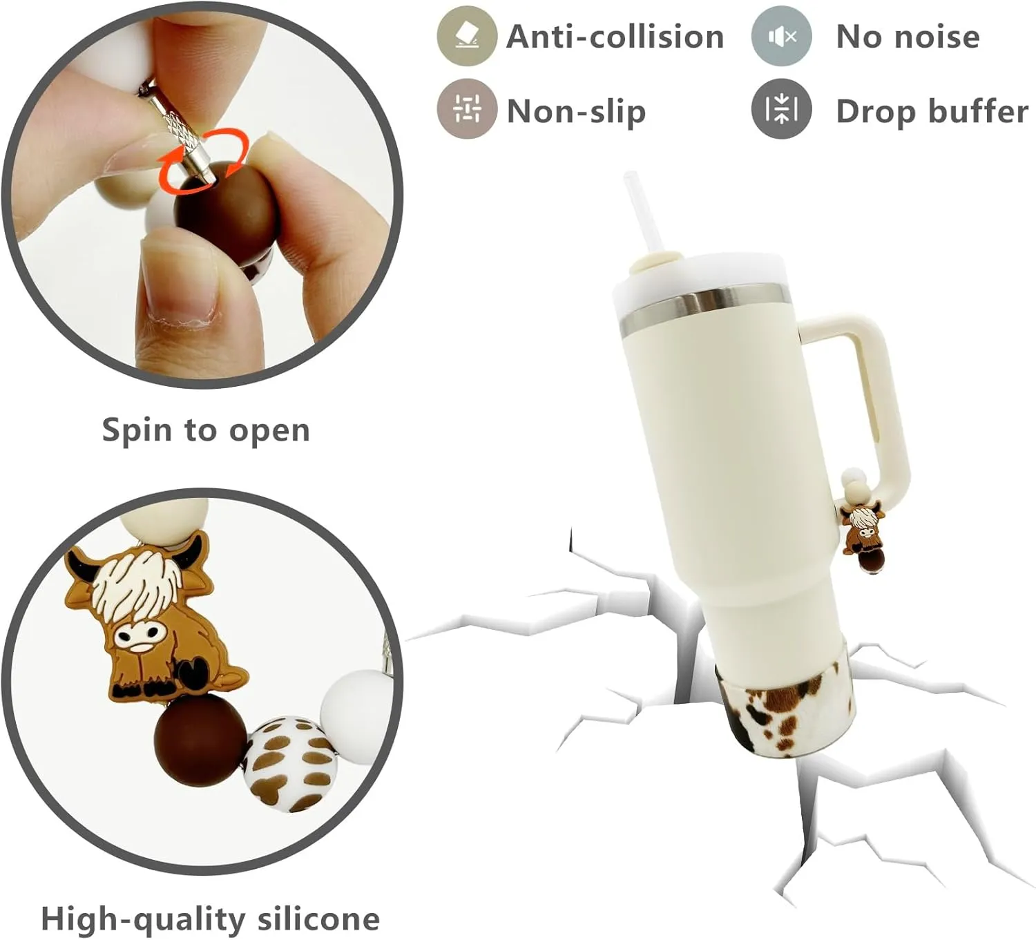 Highland Cow Silicone Boot Tumbler Handle Decor Cow Print Water Bottle Accessories for 30oz&40oz Stanley Protective Bottom Cover Sleeve