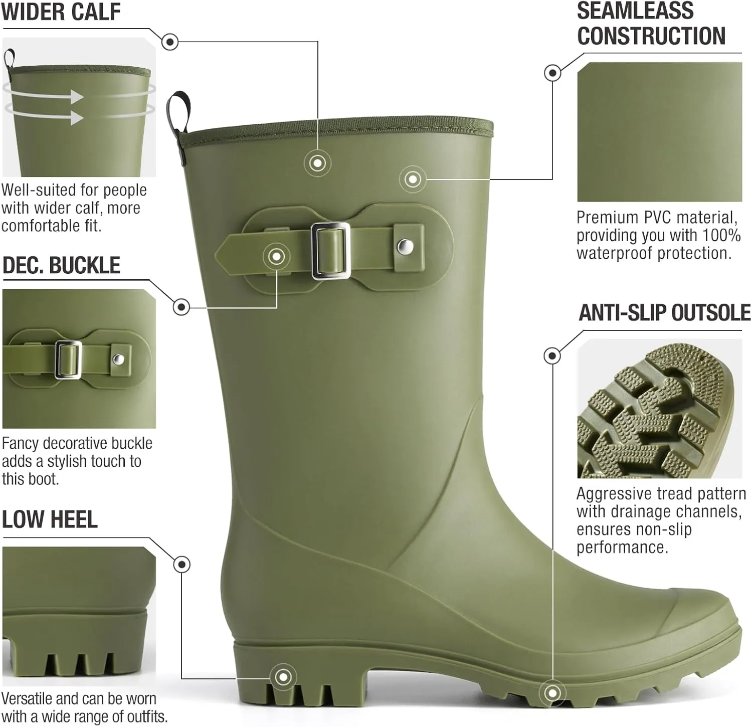 HISEA Mid-calf Rubber Rain Boots for Women Waterproof Wellington Boots for Outdoor