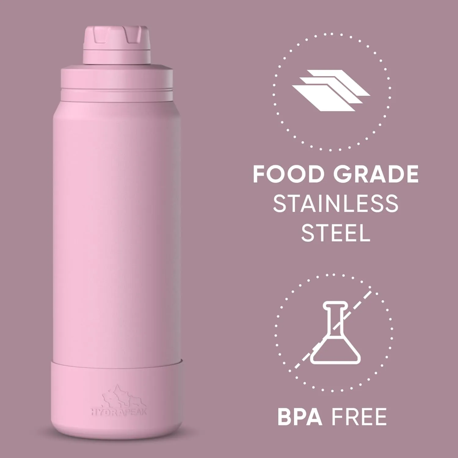 Hydrapeak 26oz Sport Insulated Water Bottle with Chug Lid, Leak & Spill Proof, Keeps Drinks Cold for 24 Hours, Hot for 12 Hours, Premium Stainless Steel Water Bottles (26oz, Cotton Pink)