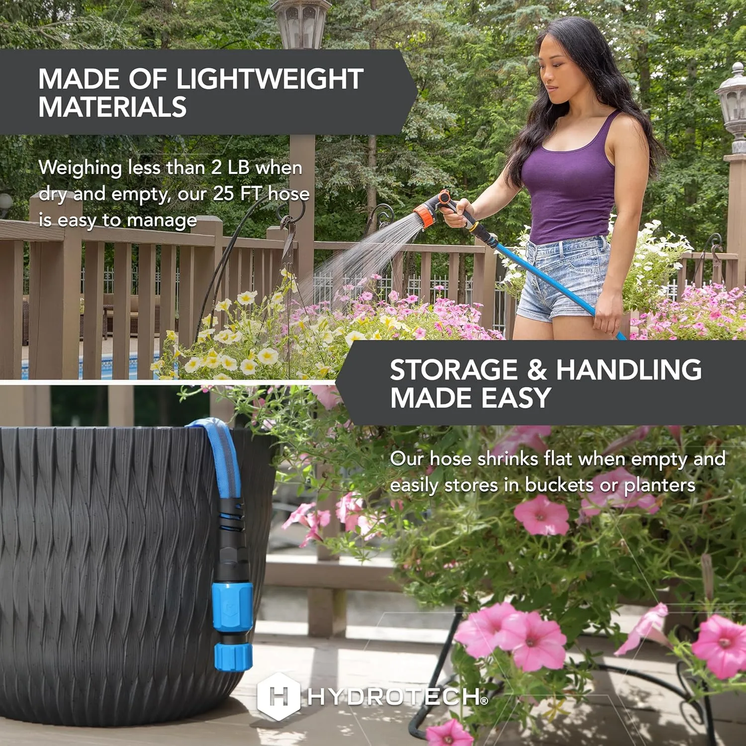 HydroTech FlatJacket 5/8" 25 ft Garden Hose with Patented Force Control Technology- Flexible, Kink-Free, Lightweight Hose for Lawn, Garden, Car Washing, Deck and Patio Cleaning
