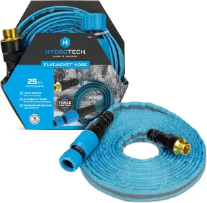 HydroTech FlatJacket 5/8" 25 ft Garden Hose with Patented Force Control Technology- Flexible, Kink-Free, Lightweight Hose for Lawn, Garden, Car Washing, Deck and Patio Cleaning